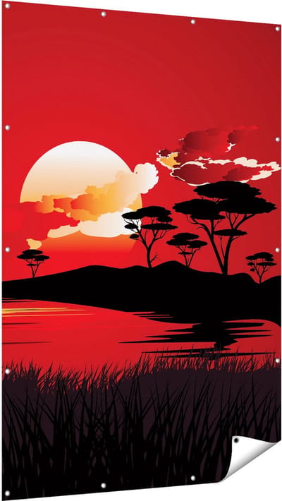 Gards Tuinposter Rode Zonsondergang in de Savanne - Abstract - 120x180 cm - Tuindoek - Tuindecoratie - Wanddecoratie buiten - Tuinschilderij