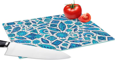 Glazen Snijplank - 28x20 - Blauw - Patronen - Veren - Maan - Snijplanken Glas
