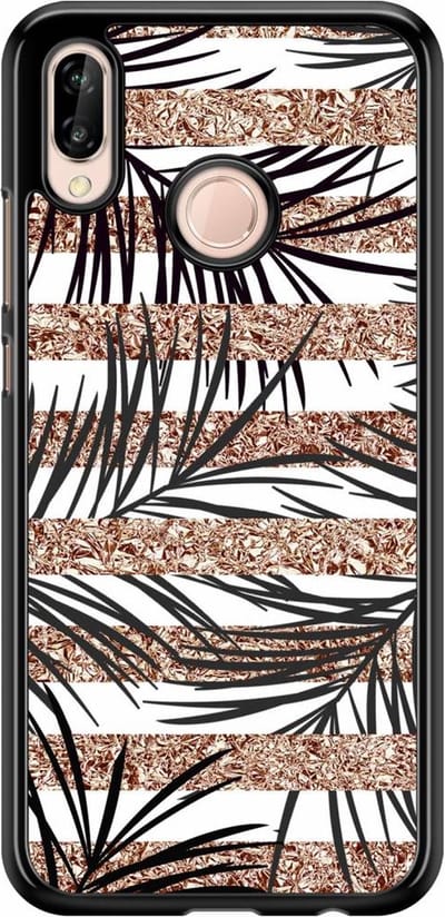 Casimoda® telefoonhoesje - Geschikt voor Huawei P20 Lite (2018) - Rose Gold Leaves - Zwart TPU hoesje - Backcover - Zwart - Bloemen