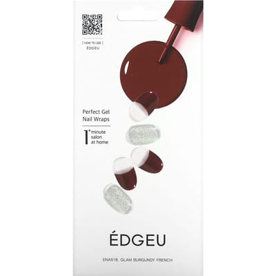 Edgeu, enveloppement d'ongles en gel parfait, ENA518, French bordeaux glamour, ensemble de 16 bandes