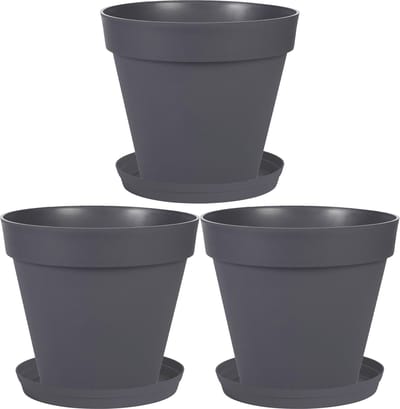 Set van 3x stuks bloempotten Toscane kunststof antraciet D30 x H26 cm inclusief onderschalen D23 cm - Plantenpotten set