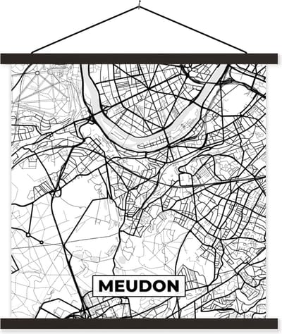 Posterhanger incl. Poster 60x60 cm - Schoolplaat - Plattegrond - Meudon - Kaart - Frankrijk - Stadskaart - Zwart wit - Textielposter - Zwarte latten - Stadskaart