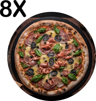 Luxe Ronde Placemat - Traditionele Pizza op een Donkere Ondergrond - Set van 8 Placemats - 50x50 cm - 2 mm dik Vinyl - Anti Slip - Afneembaar