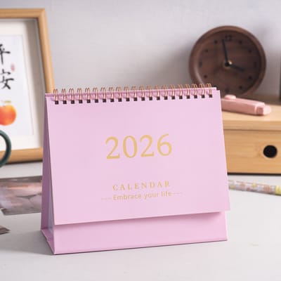 Bureaukalender 2025-2026 - Staande klapkalender - van juli 2025 tot december 2026 - 18-maandenkalender met metalen ringband met dubbele spiraalbinding - voor thuis kantoor en school - 19 x 16 cm - 1 stuk-Roze