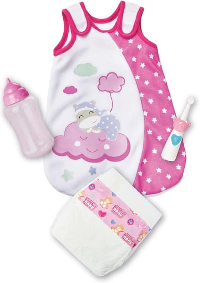 Compleet Set van 4 Babyaccessoires voor Poppen van 30-38cm – Slaapzak, Tandenborstel, Luier en Flesje – Geschikt voor Kinderen Vanaf 3 Jaar