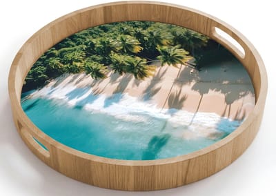 Dienblad rond 40x40 cm - Schootdienblad hout - Tropisch - Strand - Water - Palmbomen - Borrelplank rechthoek - Plateau houten dienbladen