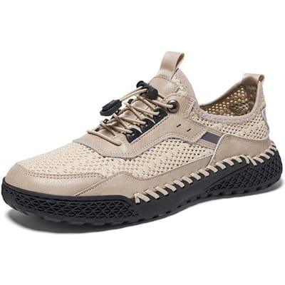 Chaussures pour hommes Été Nouveau Respirant Cuir véritable Grande taille Chaussures en maille légère Été Surface en maille Creusé Chaussures de mode pour adolescents 46 sable