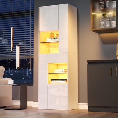 Vitrinekast - 55 x 38 x 170 cm - Hoge Vitrine met 1 Lade en LED - Hoogglans Design - Glas - Wit