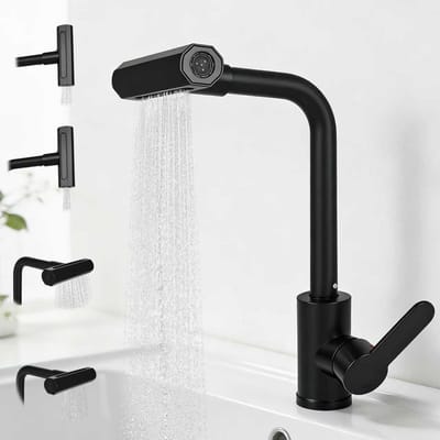 Watervalkraan voor de keuken met 4 straalsoorten, 360 graden draaibaar, mengkraan, wastafelarmatuur, eengreepsmengkraan, keukenkraan, zwart, roestvrij staal, gepolijst chroom