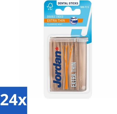 Jordan - Dental Sticks - Extra dunne tandenstokers - 105 Stokers - Voordeelverpakking - 24 stuks