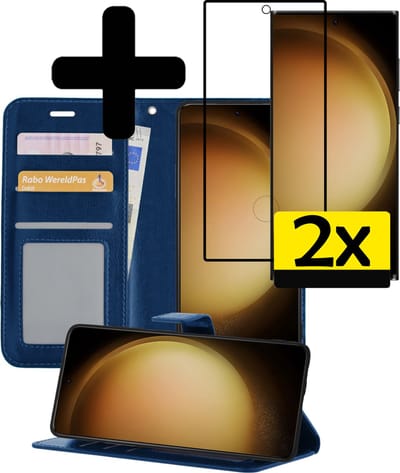 Hoesje - Met 2x Screenprotector - Geschikt voor Samsung Galaxy S23 Ultra - Luxe Pasjeshouder - Bookcase Portemonee - Flip Case - Kunstleer Book Case - Flipcase Hoes - Book Cover - Walletcase - Portemonneehoes - Telefoonhoesjes - Donkerblauw
