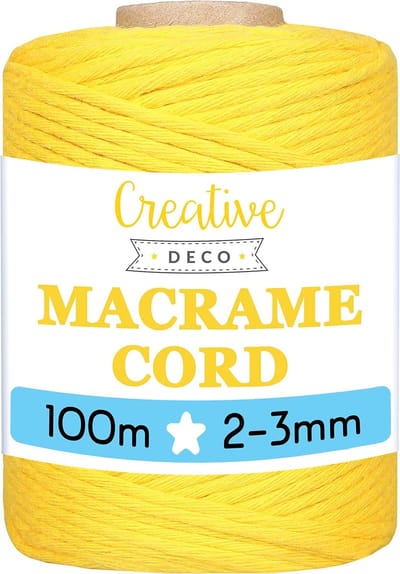 Creative Deco 200 m Geel Macrame Koord Katoenen Koord | 2-3 mm (+-0.5 mm) Dikte 15-laags Koord | 656 Voeten | Grote Touwrol Natuurlijke Dikke | Perfect Beeld Hangende Draad