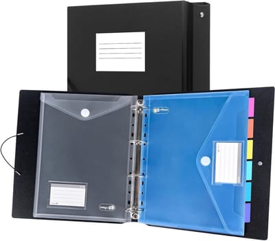 A4 Ringbinders in Zwart met 12 Plastic Hoezen in 6 Kleuren, Scheidingsbladen, Schrijfbare Labels en Kaarthouders voor Presentaties, Vergaderingen en Schoolgebruik