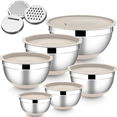 Set van 6 RVS Mengkommen met Airtight Deksel en 3 Raspaccessoires, Antislip Siliconen Bodem, Ideaal voor Salades en Bereidingen