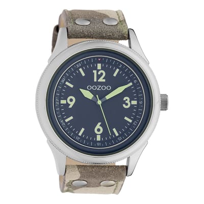OOZOO Timepieces - Zilverkleurige horloge met camouflage leren band - C10353