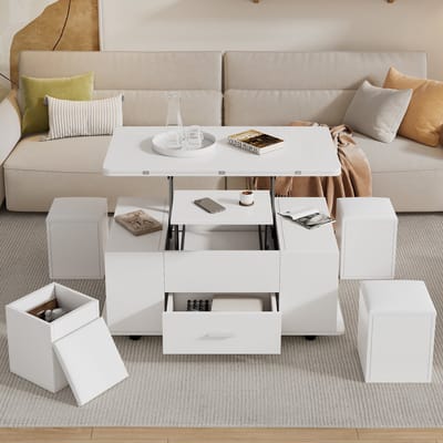 Verstelbare eettafel - verplaatsbare salontafel - 4-in-1 multifunctionele koffietafel met lade - inclusief 4 krukken - wit