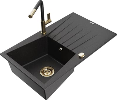 Mexen Cesar granieten gootsteen 1-komor met afdruiprek en keukenmengkraan Flora, zwart/zilver metallic - 6514-73-670401-57-G