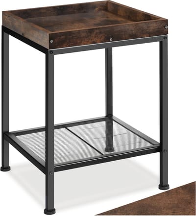 tectake® Bijzettafel met 1 plank met opstaande rand en 1 roosterplank - Nachtkastje in industrieel design - Voor woonkamer, slaapkamer, kantoor, hal - Eenvoudige montage - Zwart metalen frame - Afmeting (LxBxH) 41,5x41x56 cm - Donkerbruin