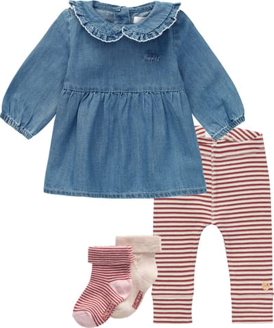 Noppies - Kledingset - 4delig - Jurk Acarique Medium wash - Legging La Havre stripe Henna - 2 paar sokjes - Maat 92
