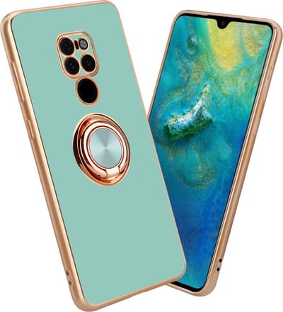 Cadorabo Hoesje geschikt voor Huawei MATE 20 in Glossy Turquoise - Goud met ring - Beschermhoes van flexibel TPU-silicone Case Cover met camerabescherming en magnetische autohouder