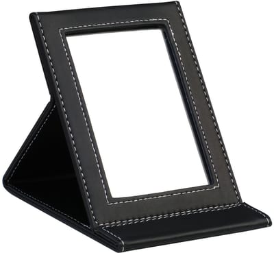 Dailygoods- Make-upspiegel 16 cm x 12 cm - Opvouwbare Reisspiegel - Veganistisch Lederen Frame - Draagbare Tafelblad Spiegel - Verstelbare Standaard - Compact en Duurzaam