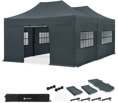 VONROC Partytent – 6x4.5 m – Premium easy-up Partytent - Set incl. 2x Tent, Zijwanden en Kop-pelsysteem - Modulair Ontwerp – Opvouwbaar – Waterdicht – Stalen Frame - 50+ UV Bescher-ming - Incl. Opbergtassen – Grijs