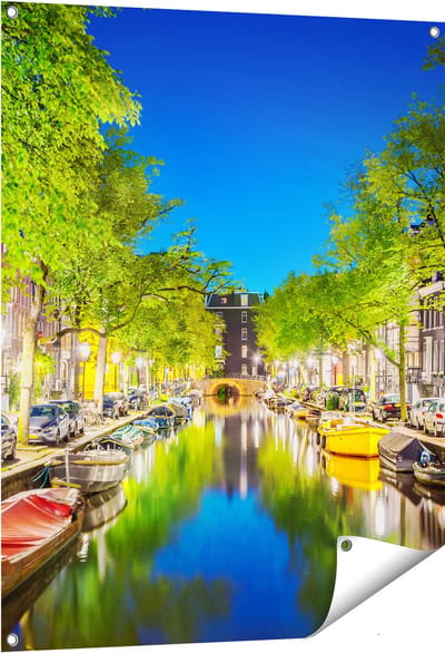 Gards Tuinposter Amsterdamse Gracht in de Nacht - 80x100 cm - Tuindoek - Tuindecoratie - Wanddecoratie buiten - Tuinschilderij