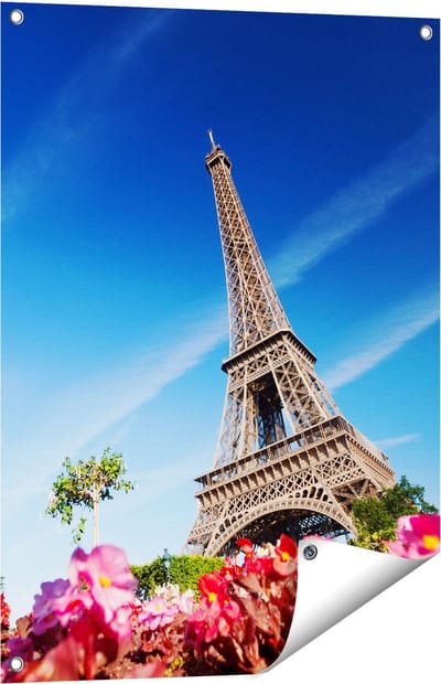 Gards Tuinposter Eiffeltoren in Parijs met Bloemen - 60x80 cm - Tuindoek - Tuindecoratie - Wanddecoratie buiten - Tuinschilderij