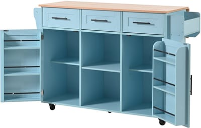 Groot Blauw Keukeneiland - Keukentrolley met Inklapbaar Werkblad - Lades en Deurvakken - Keuken - Blauw/Hout