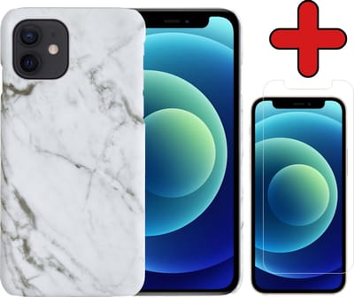 Hoesje Geschikt voor iPhone 12 Mini Hoesje Marmer Hardcover Fashion Case Hoes Met Screenprotector - Hoes Geschikt voor iPhone 12 Mini Marmer Hoesje Hardcase Back Cover - Wit