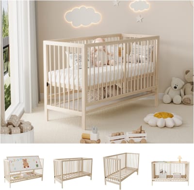 Baby Bed / Ledikant – Babybett aus Holz 140x60 cm – Höhenverstellbar, Umwandelbar in Beistellbett, Schreibtisch & Staffelei, Massivholz Fichte, Natur, ohne Matratze