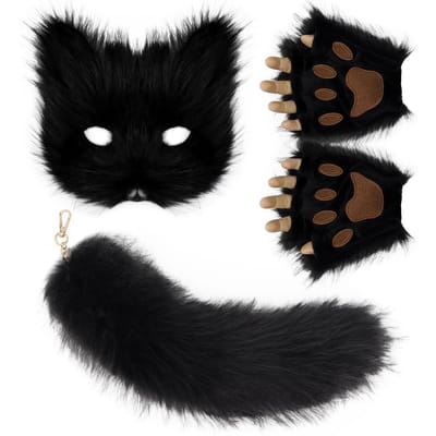 Fluffy Fur Fox Tail Sleutelhanger Kattenpoten Handschoenen En Wolf Therian Masker Set Voor Halloween Cosplay Kostuum Accessoires one size