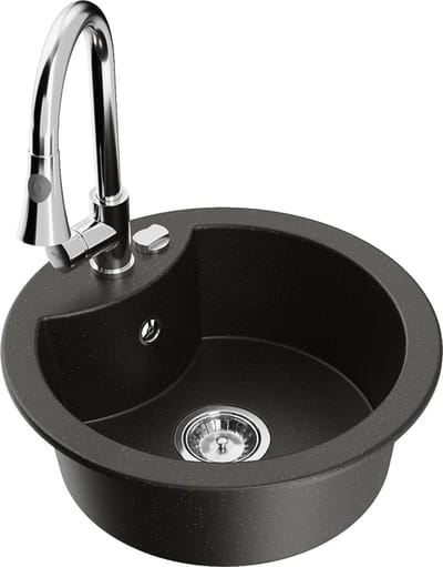 Mexen Diego granieten spoelbak 1-kompartiment met keukenmengkraan Elia, zwart/goud metallic - 6512-75-670101-00