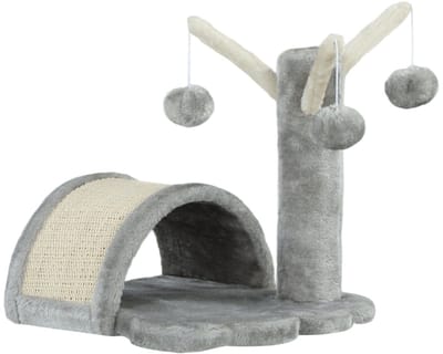 Merax Krabpaal 40 cm – Kleine Kattenboom met Tunnel Krabmat 2 Speelballetjes en Ligplateau – Hellgrijs – 38x38 cm