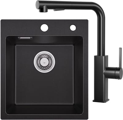 SOFETIY MAX Granieten Spoelbak voor keuken 40x45CM - Enkele Spoelbakken Met Keukenkraan met Uittrekbare Uitloop - Onderbouw Spoelbak Zwart - Met waterafvoersysteem - Voor 45 cm Kast