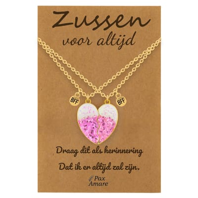 BFF Ketting voor 2 'Zussen voor altijd' - Roze Glitter Hartje - Vriendschapsketting op Cadeau Kaartje - 45cm + 5cm verstelbaar - Goudkleurig - Sisters Hanger - Pax Amare