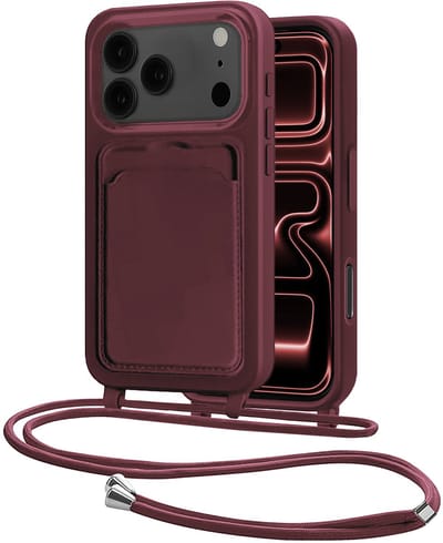 Hoes Geschikt voor iPhone 17 Pro Hoesje Pasjeshouder Cover Met Koord Case Siliconen Hoes Met Telefoonkoord en Kaarthouder - Aubergine