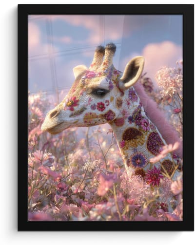 Poster in lijst - Fotolijst 30x40 cm - Posters - Giraffe - Bloemen - Roze - Posterlijst zwart - Decoratie - Wanddecoratie woonkamer - Muurdecoratie slaapkamer