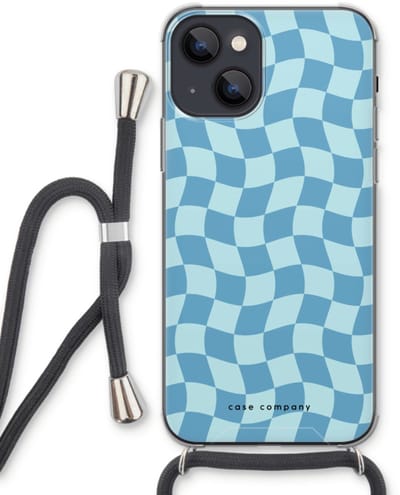 Case Company® - Hoesje met koord geschikt voor iPhone 13 hoesje met Koord - Grid Blauw - Telefoonhoesje met Zwart Koord - Bescherming aan alle Kanten en Over de Schermrand