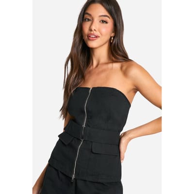 boohoo Dames Met riem afgewerkte bandeau utility geweven top | Zwart | Maat: 34