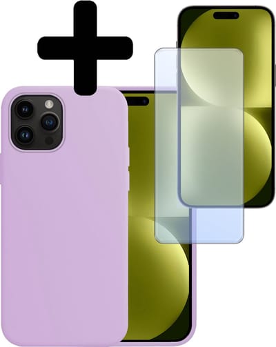 Hoesje - Met Screenprotector - Geschikt voor Apple iPhone 15 Pro - Sterk & Shockproof - Back Cover - Siliconen Case - Telefoon Hoes - Telefoonhoesjes - Lila