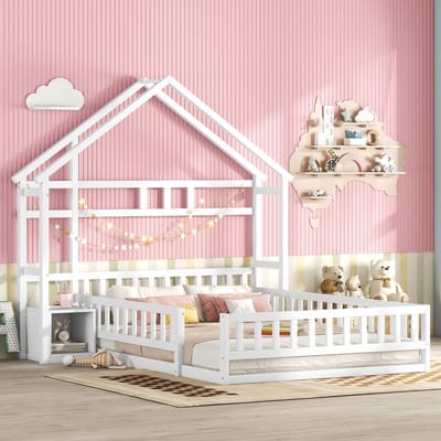 REDOM Ledikant 140x200 cm – Huisvormig hoofdeinde met 31 cm leuning & nachtkastje – Grenen – Wit