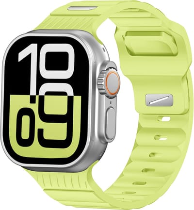 Stravo Siliconen Horlogeband met Armor-Style Look Geschikt voor Apple Watch 46mm (Series 10/11) / 45mm (Series 7/8/9) / 44mm (Series 4/5/6, SE 1/2/3) / 49mm (Ultra 1/2/3) – Extra Stevig Bandje van Liquid Silicone - Neongeel