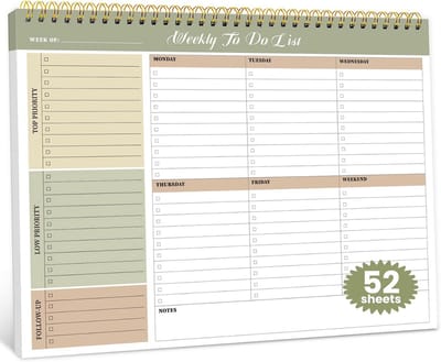 Ongedateerd Weekplanner Kladblok met 52 Vellen voor Takenlijst en Bureauorganisatie