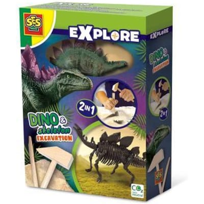 SES Creative - Explore - Dino en Skelet Opgraven 2 in 1 - Stegosaurus - Bikblok met Skelet - Complete set met Houten Hamer en Beitel - Dinosaurus Speelgoed