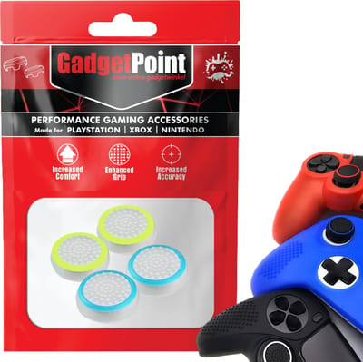 Gadgetpoint - Thumb Grips voor PlayStation, PS5, Xbox X/S, One & Switch Pro Controller - Gaming Thumbgrips - Performance Anti-Slip Thumbsticks - Bescherming Accessoires - Wit Lichtblauw en Wit Lichtgroen