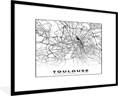Fotolijst incl. Poster Zwart Wit- Kaart - Stadskaart - Frankrijk - Toulouse - Plattegrond - Zwart wit - 120x80 cm - Posterlijst