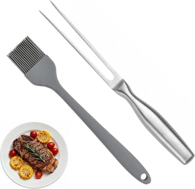 Ergonomische roestvrijstalen vleesvork van 27 cm met siliconen olieborstel voor grillen, trancheren en koken