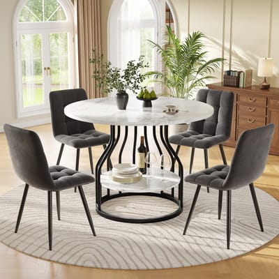 REDOM - Eettafelset 5-Delig Met 4 Stoelen - Rond - Modern - Voor Keuken Of Eethoek - MDF En Fluweel - Zwart Grijs - 80 Cm