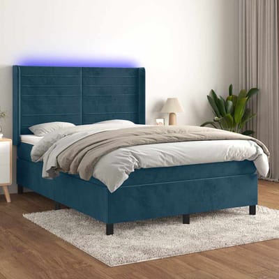 vidaXL - Boxspring - met - matras - en - LED - fluweel - donkerblauw - 140x200 - cm
